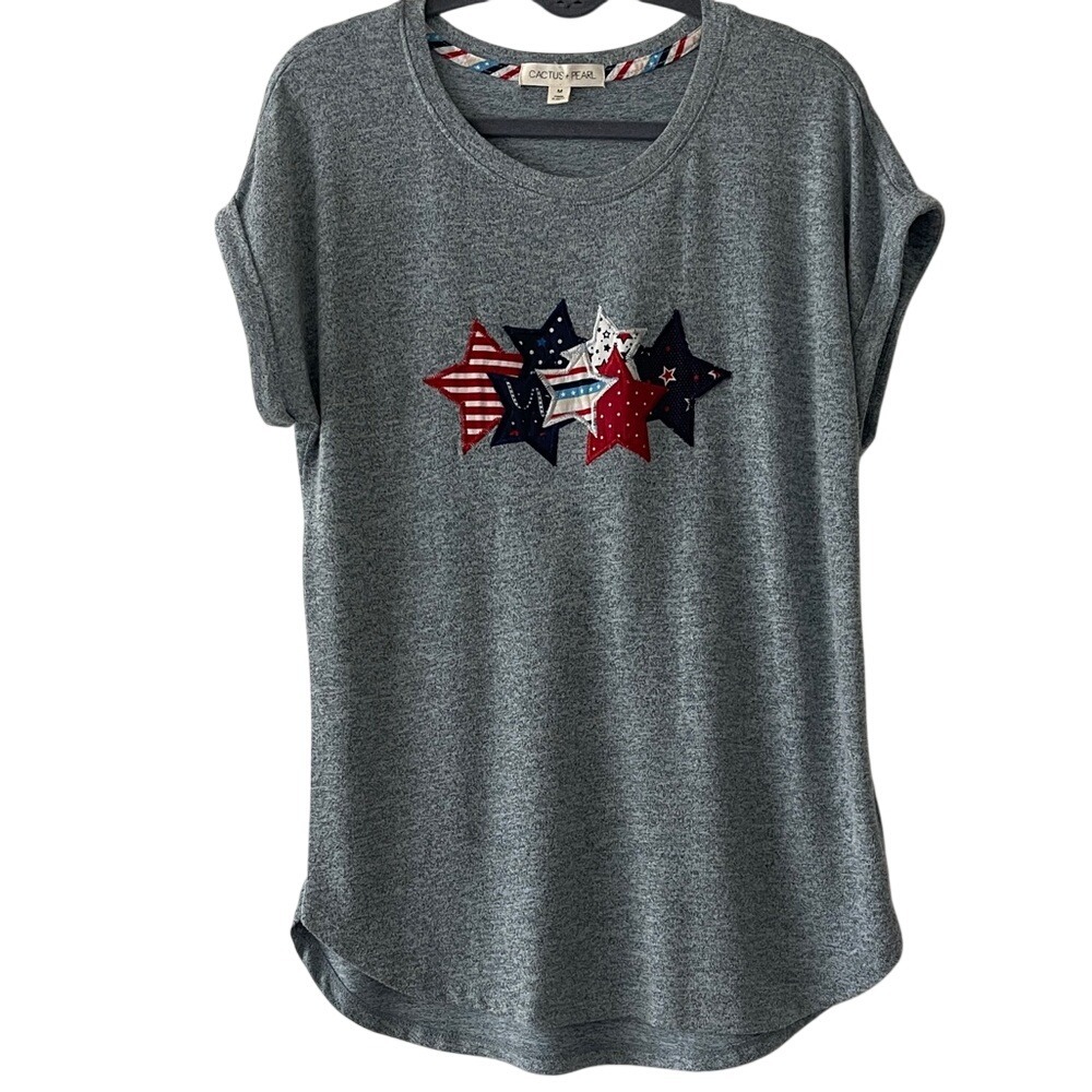 Cactus +‎ Pearl Heathered Blue 4th of July Stars Stripes Soft Knit Top M